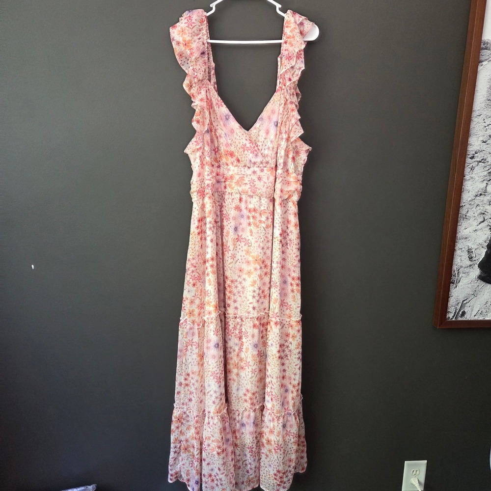 Arula Floral Gold Maxi Dress Pink Orange Ruffle Tiered Pockets Size X‎ 10/12